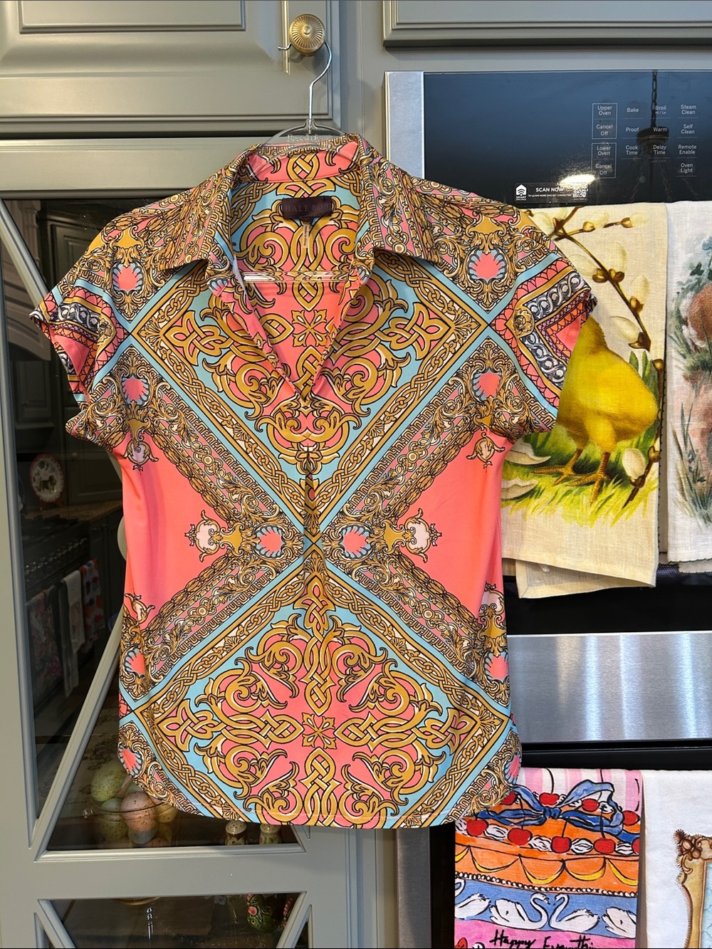 Hale Bob Coral and Turquoise Short Sleeve Printed Blouse Small